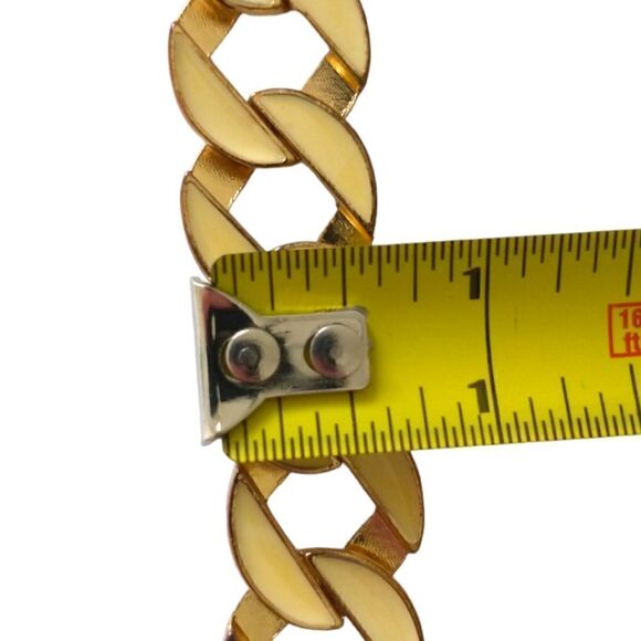Vtg Enameled Bracelet Chunky Flat Chain Link Gold Tone Ivory Statement Classic. - Picture 2 of 16